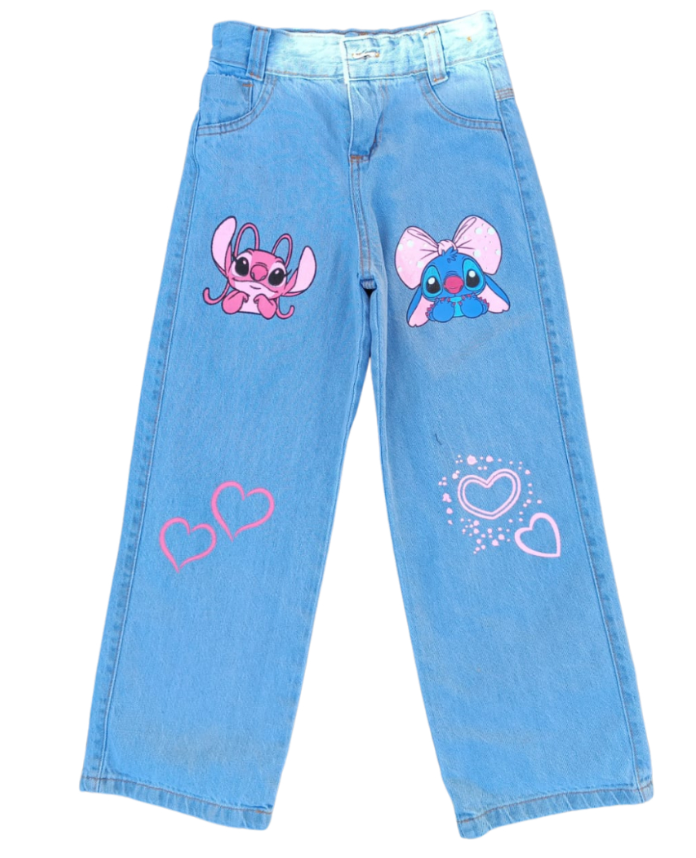 Calça Jeans Wide Leg infantil Juvenil Estampada com desenho