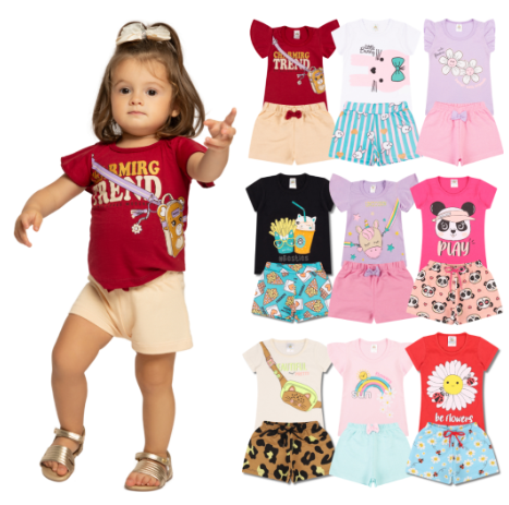 Kit Sortido 4 Peças Roupa De Bebê Menina Infantil Verão - 2 Camisetas + 2 Shorts - Tamanhos 6 Meses a 24 Meses