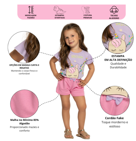 Kit Sortido 4 Peças Roupa De Bebê Menina Infantil Verão - 2 Camisetas + 2 Shorts - Tamanhos 6 Meses a 24 Meses