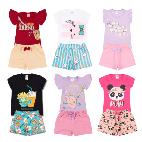 Kit Sortido 4 Peças Roupa De Bebê Menina Infantil Verão - 2 Camisetas + 2 Shorts - Tamanhos 6 Meses a 24 Meses