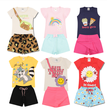 Kit Sortido 4 Peças Roupa De Bebê Menina Infantil Verão - 2 Camisetas + 2 Shorts - Tamanhos 6 Meses a 24 Meses