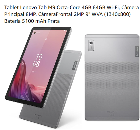 Tablet Lenovo Tab M9 Octa-Core 4GB 64GB Wi-Fi, Câmera Principal 8MP, Câmera Frontal 2MP 9" WVA (1340x800) Bateria 5100 mAh Prata